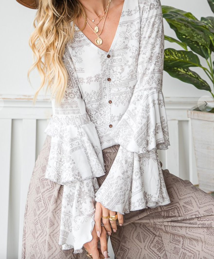 Paisley Print Double Ruffle Sleeve