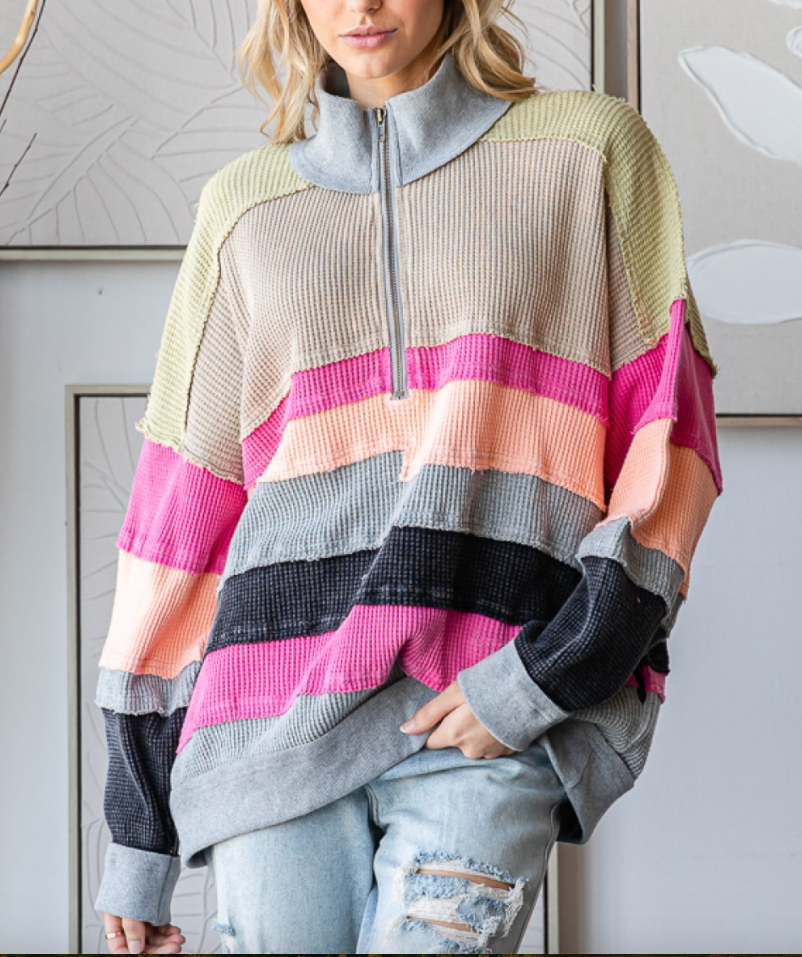 Waffle Color Block Half Zip